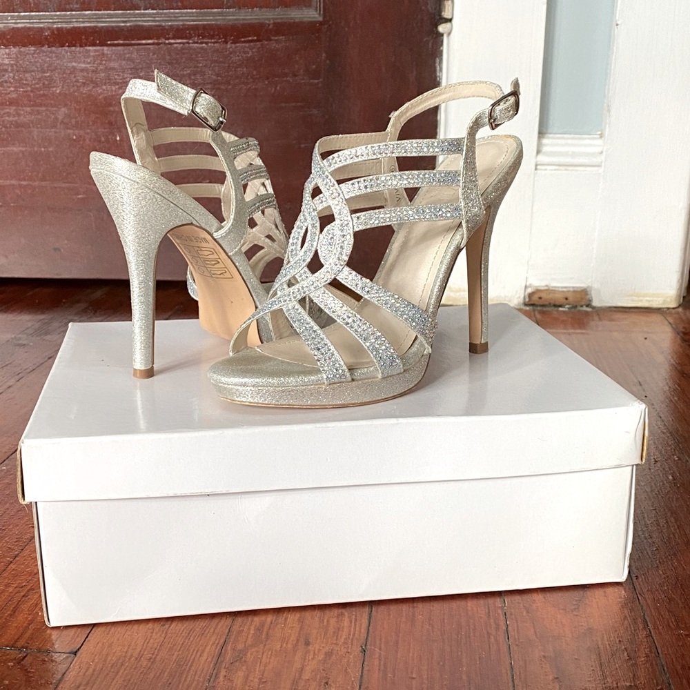 Silver rhinestone heels